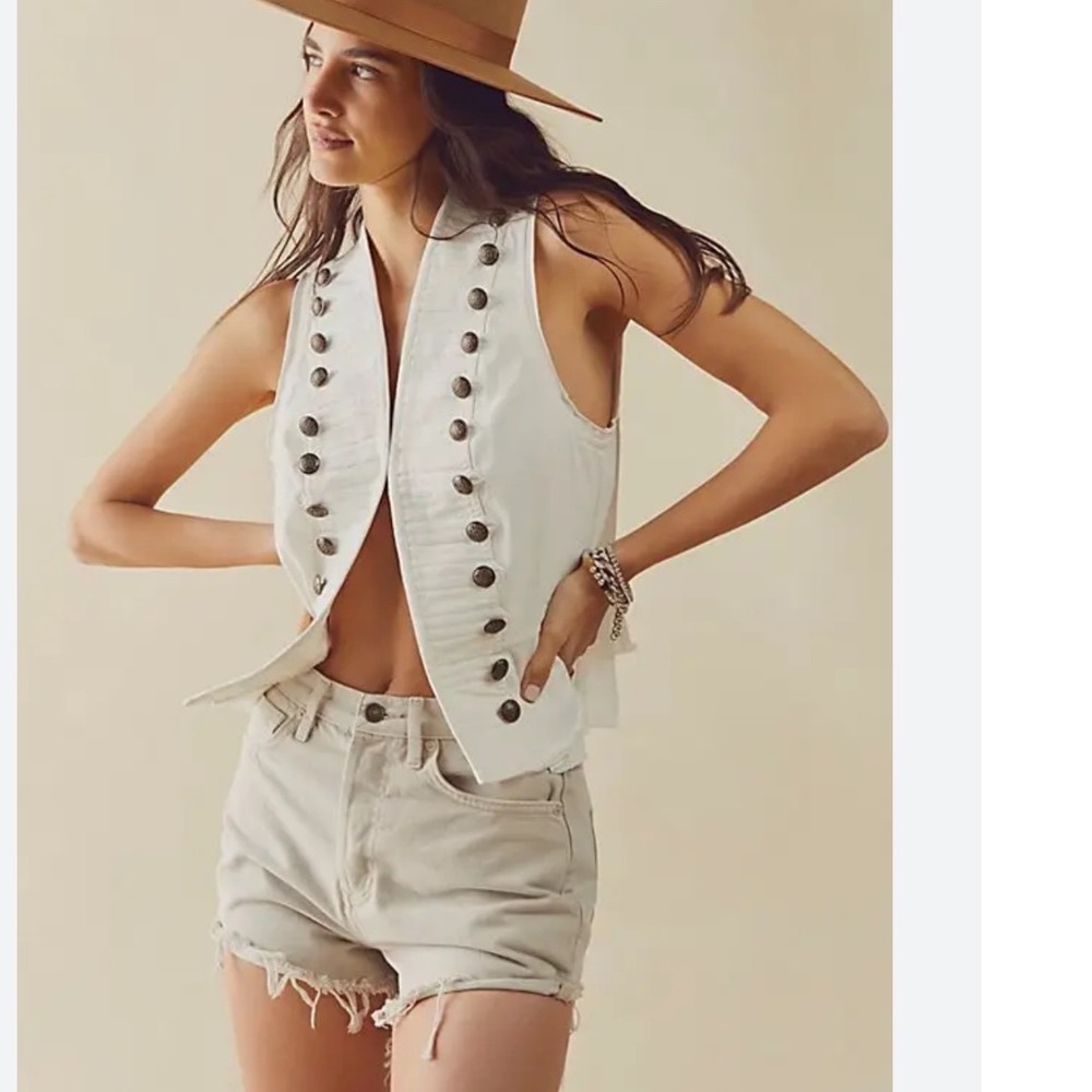 New Free People officer grunge Ivory Victorian Crest Button vest Miltary XS S‎